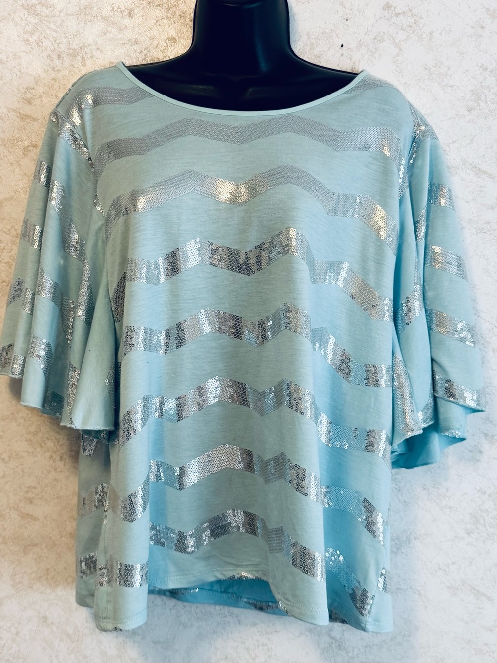 Wrangler Rock 47 Women's Pull Over Blouse Size Large Silver Sequins Flared Sleev